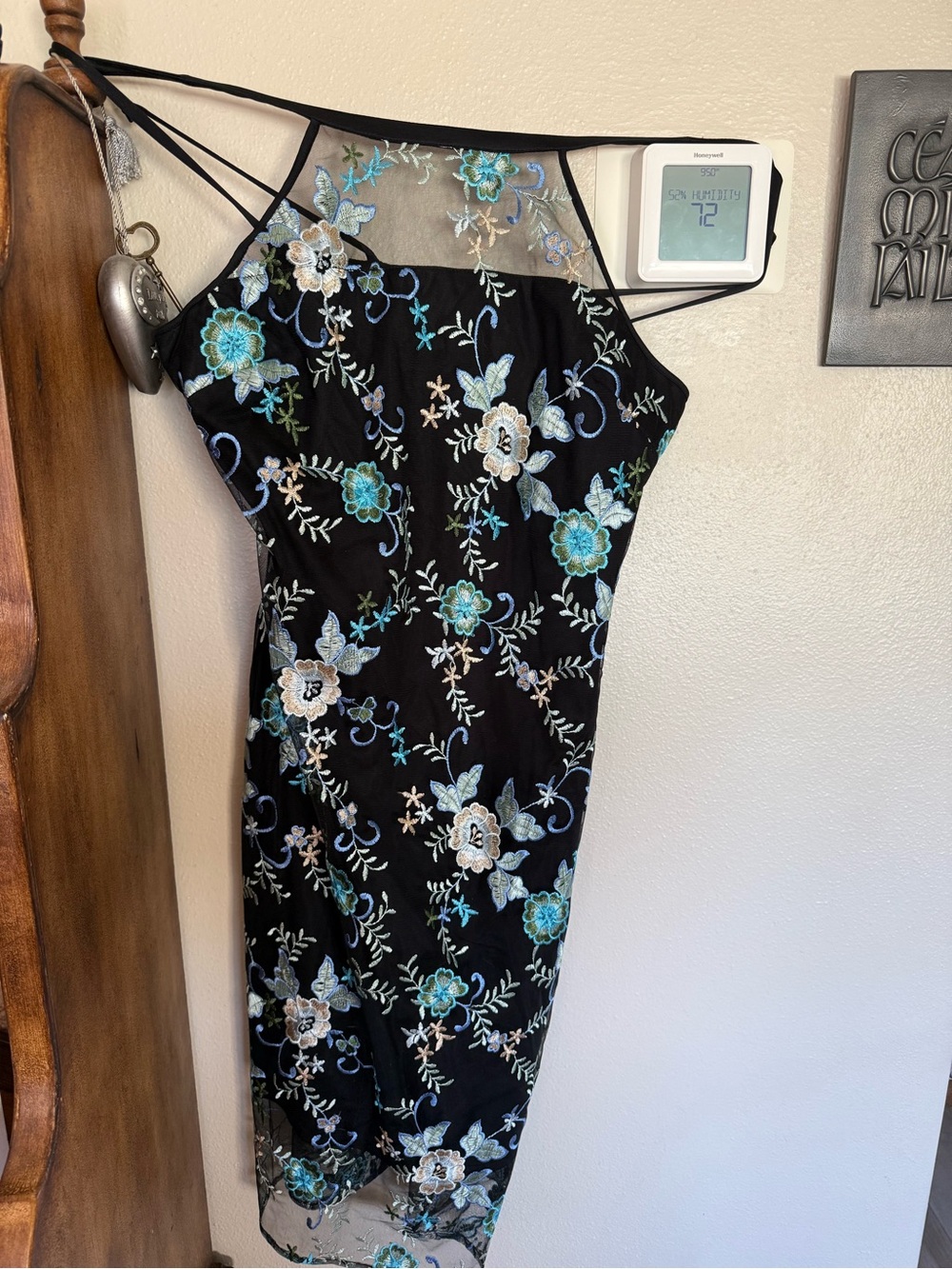 Guess Black Midi Dress with Blue and White Floral Embroidery